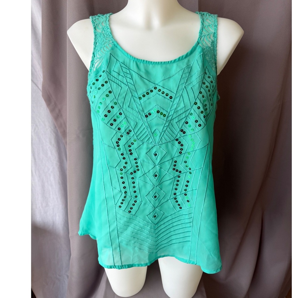 Daytrip Tank Top Teal Green Sequin Lace Geometric Mermaidcore Boho Womens Medium
